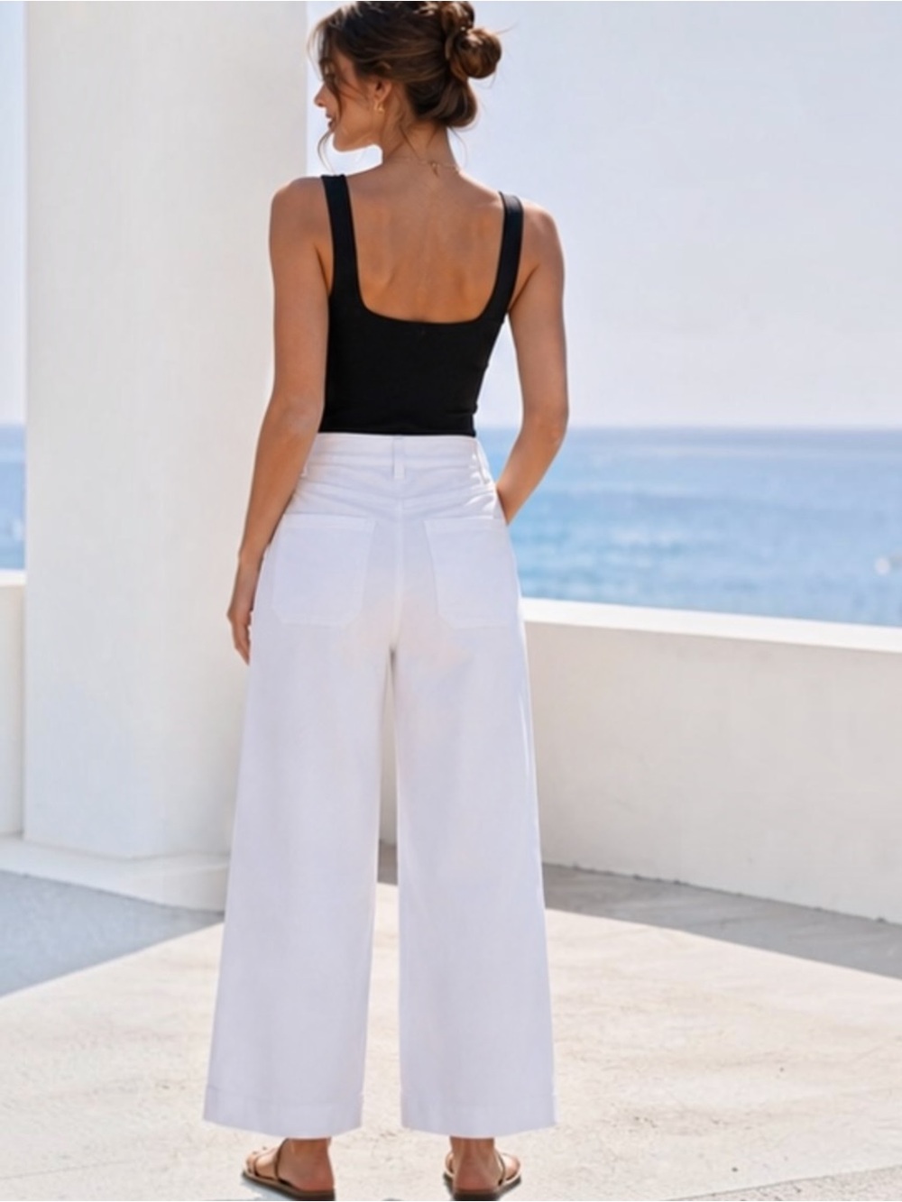 SPANX Supersmooth White Stretch Twill Cropped Wide Leg Pants Patch Pockets L - Picture 7 of 16